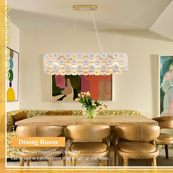 Modern Flower Glass Chandeliers for Dining Room L36” Oval Ceiling Pendant Light Fixture Luxury Gold 8-Light Contemporary Chandelier for Living Room Kitchen Island Bar, E12