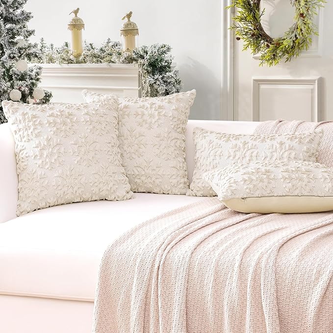 OTOSTAR Set of 2 Xmas Soft Plush Short Wool Velvet Decorative Throw Pillow Covers Square Luxury Style Cushion Case Pillow Shell for Sofa Bedroom Snowflake Cream Beige, 28x28 Inch