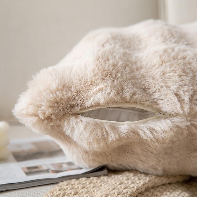 Pack of 2 Thick Plush Throw Pillow Covers Fluffy Wave Faux Fur Decorative Cushion Covers Soft Wool Pillowcase for Sofa Couch Livingroom 24x24 Inch Beige