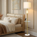Gold Floor Lamp for Living Room with Glass Tray and Night Light,Alabaster Tall Lamp,Living Room Lamp with Linen Shade,Marble Base Standing Lamp Decor for Bedroom,Office(Bulb Included)