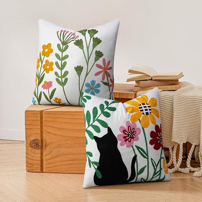 Adabana Neutral Decorative Floral Pillow Covers 18x18 Inch Boho Embroidered Throw Pillow Cover Farmhouse Couch Cushion Cases for Bed Sofa Bedrrom Living Room Decor,Spring Floral