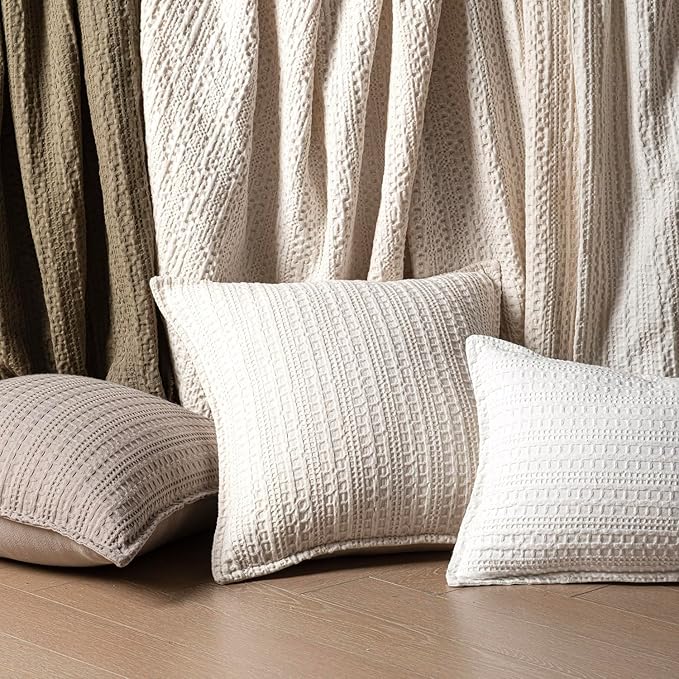 Foindtower Set of 2 Decorative Cotton Waffle Weave Throw Pillow Covers Euro Shams Cushion Covers Accent European Pillowcase for Bed Couch Sofa Bedroom Living Room Home Decor 22×22 Inch Cream White