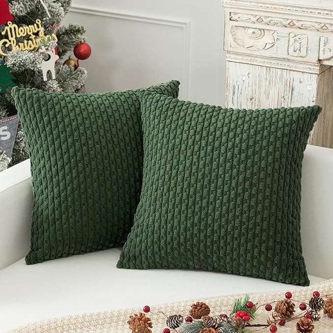 Kevin Textile Christmas Velvet Corduroy Boho Throw Euro Pillow Sham Cushion Cover for Bed 2 Pcs 16 x 16 Inch (40 x 40 cm) Dark Green
