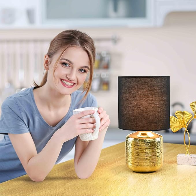 Lampwell Beno Small Table Lamp for Living Room as Bedside Table Lamp for Bedroom,Modern Ceramic Table Lamp,Kids Table Lamp,Night Table Lamp,Φ6.3×H11.81IN,Bulb Excluded,Black Gold Table Lamp