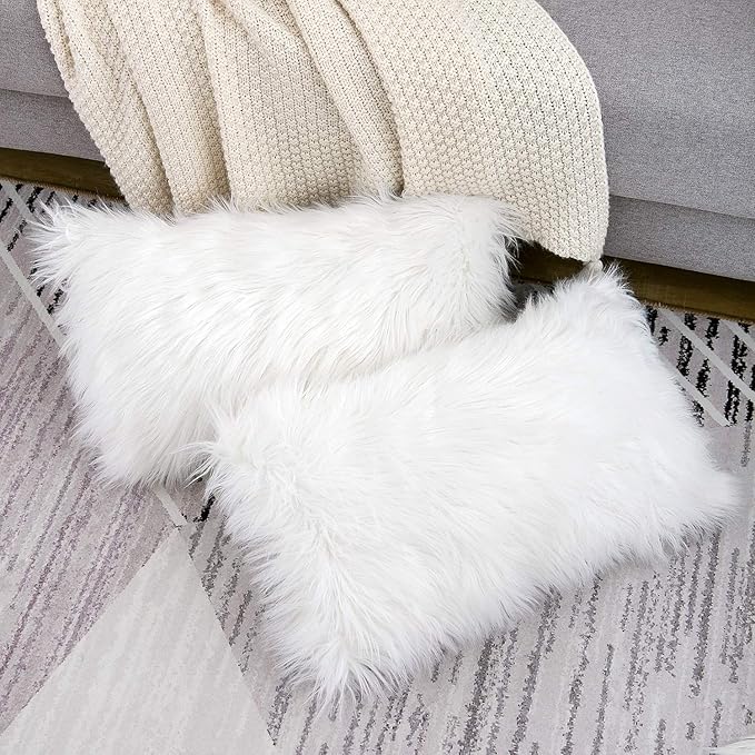 WLNUI Set of 2 White Christmas Decorative Lumbar Fluffy Pillow Covers New Luxury Series Merino Style Faux Fur Throw Pillow Covers Fuzzy Cushion Case for Sofa Bedroom Living Room Home Decor 12x20 Inch