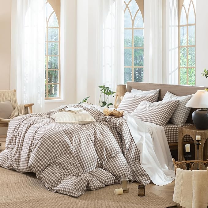 MooMee Gingham Duvet Cover Set 100% Washed Cotton Linen Like Textured Breathable Durable Soft Comfy Modern Checkered Design (Brown Gingham, Palatial King/Oversized King 120"x98")