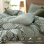 MooMee Gingham Duvet Cover Set 100% Washed Cotton Linen Like Textured Breathable Durable Soft Comfy Modern Checkered Design (Forest Green Gingham, Cal King 104"x98")