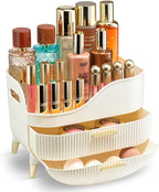 Large Makeup Cosmetic Countertop - Cosmetic Organizer - Vanity, Bathroom Storage for Skin Care Organizer - Space-Saving Design with Drawers - Open-Top, Gold Accents, Portable Side Handles (White)