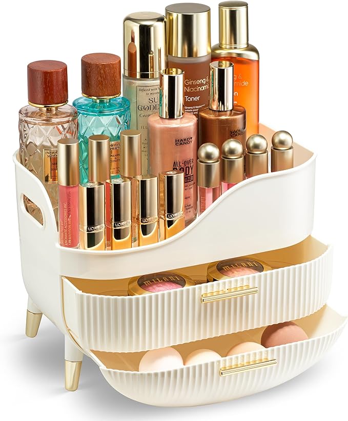 Large Makeup Cosmetic Countertop - Cosmetic Organizer - Vanity, Bathroom Storage for Skin Care Organizer - Space-Saving Design with Drawers - Open-Top, Gold Accents, Portable Side Handles (White)