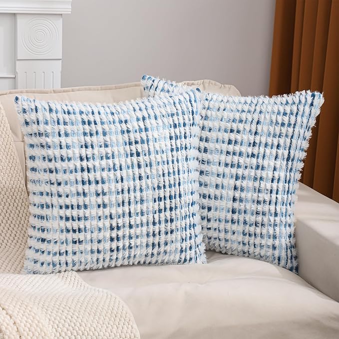 LUOYEHK Boho Throw Pillow Covers 18x18 Inch Set of 2 Chenille Tufted Pillowcase Farmhouse Neutral Cushion Covers for Couch Sofa Bed Living Room, Blue White