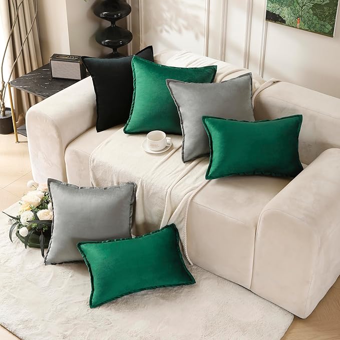 VAKADO Throw Pillow Covers 18x18 Set of 2 Dark Green Christmas Velvet Decor Decorative Couch Cushion Euro Xmas Pillowcases with Fringe Home Bed Decoration for Sofa Bedroom Office