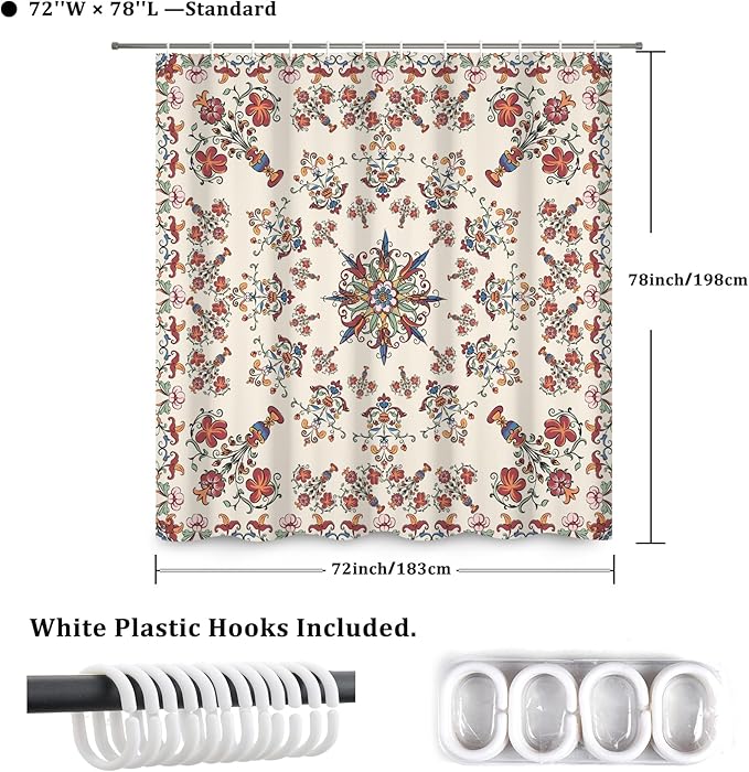 Boho Shower Curtain Floral Pattern Fabric Curtain for Bathroom Plant Theme Religion Floral Shower Curtain Sets Waterproof Decor 72x78Inch