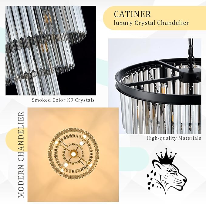 Modern Smoke Gray Crystal Chandeliers, Black 20” Round Chandelier 3 Tiers 7 Lights Luxury K9 Crystal Ceiling Pendant Light Fixture for Dining Room Foyer Bedroom Closet