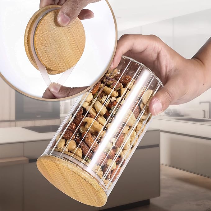 24 FL OZ Airtight Glass Jar with Bamboo Spoons Lids Overnight Oats Container Decorative Coffee Bar Food Storage Jar Cereal Nuts Salts Coffee Tea Flour Sugar Container Spice Jar