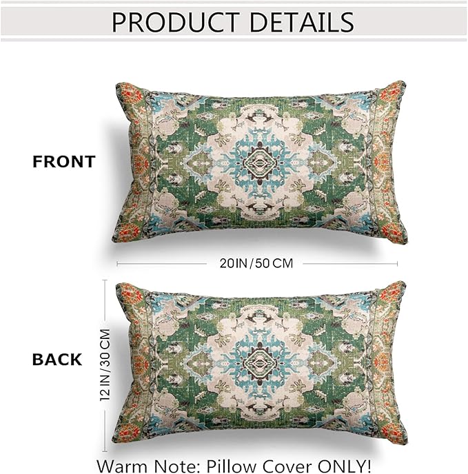 Snycler Boho Throw Pillow Covers 12x20 inch Set of 2 Boho Rug Carpet Double Sided Pattern Cotton Soft Pillow Case Cushion Cover Pillowcase for Couch Sofa Bed Decorative (Green)