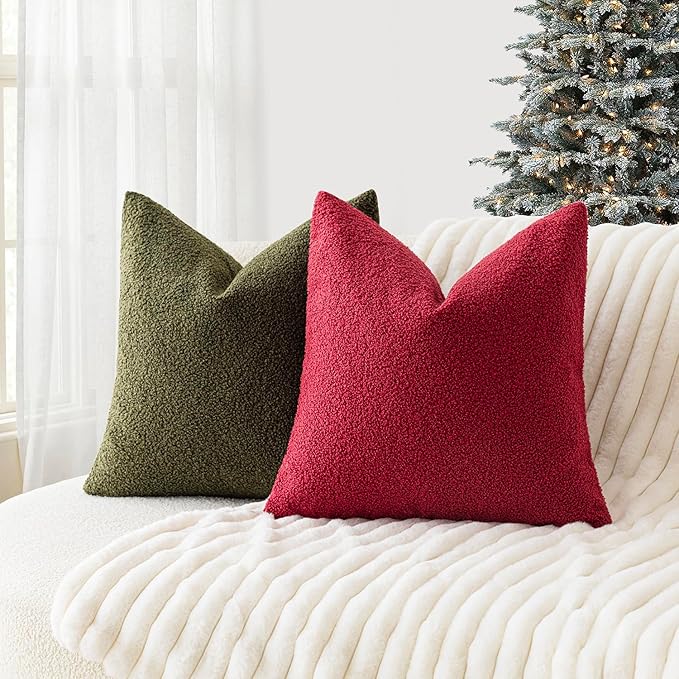 Foindtower Pack of 2, Curly Faux Fur Decorative Throw Pillow Covers Soft Neutral Plush Cushion Case Cozy Fluffy Furry Pillowcase for Home Living Room Couch Bedroom Bed Sofa 18x18 Inch Burgundy Red