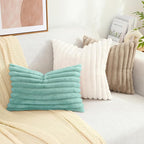 decorUhome Faux Fur Throw Pillow Covers 12x20 Set of 2, Decorative Soft Plush Striped Lumbar Neutral Couch Euro Pillow Covers with Velvet Back for Sofa, Bed, Living Room Home Decor, Aqua