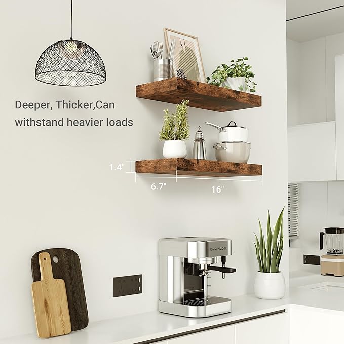Vivelove Floating Shelves for Wall, 16 inchs x 6.7” deep x 1.4” Bathroom Shelf Bedroom, Living Room, Kitchen, Farmhouse Decor, Rustic Wood Wall Shelves with Invisible Brackets - Set of 2, Rustic Brown