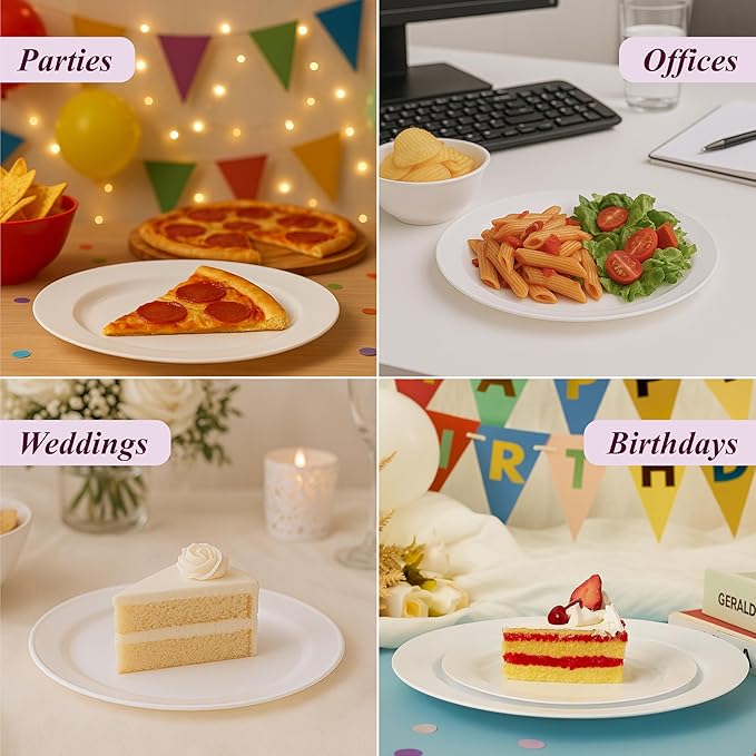 Pack of 60 White Plastic Plates - Aya's Heavy Duty Disposable Set of 30 Dinner and 30 Salad Plates - Durable Round Plastic Dinnerware Set for Parties and Events