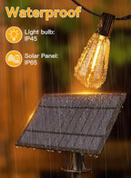 Ollny 50+2 LEDs ST38 Solar String Lights, 100 FT USB & Solar Dual Charging Outdoor String Lights, 3 Modes 5 Timers 10 Brightness 2200K Waterproof Patio Lights for Porch Garden Market Bistro Camping