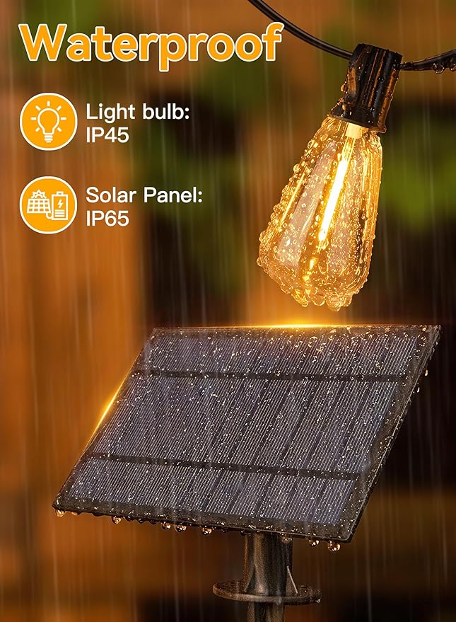 Ollny 25+2 LEDs ST38 Solar String Lights for Outside, 50 FT USB & Solar Dual Charging Outdoor String Lights, 3 Modes 5 Timers 10 Brightness 2200K Waterproof Patio Light for Porch Garden Camping
