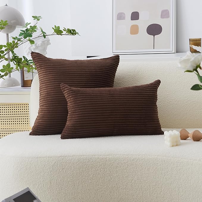 Home Brilliant Brown Couch Pillow Covers Set of 2 Soft Striped Velvet Decorative Throw Pillows Covers 22x22 inch, Cushion Covers for Couch 55x55cm, 22 x 22 Inch, Brown