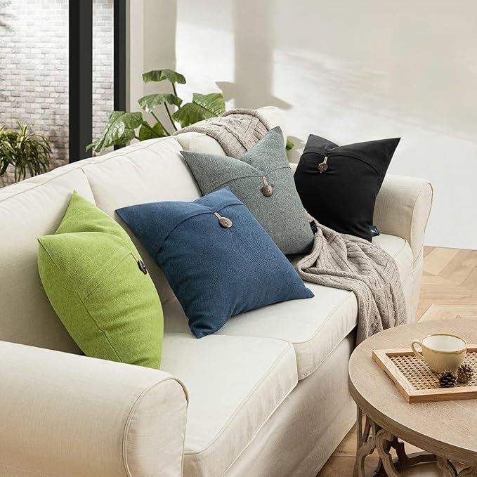 Phantoscope Pack of 2 Farmhouse Throw Pillow Covers Button Vintage Linen Decorative Pillow Cases for Couch Bed and Chair Navy Blue 18 x 18 inches 45 x 45 cm