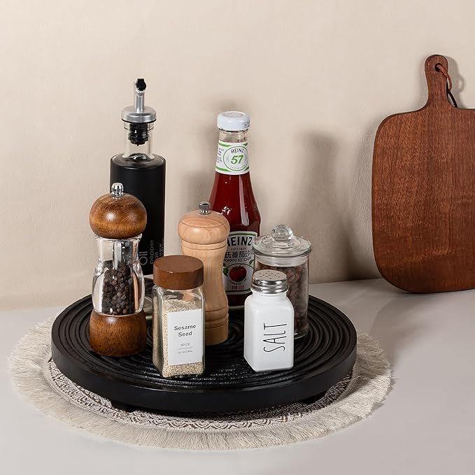 Round Decorative Tray Framhouse Bathroom Decor Wood Riser Kitchen Countertop Organizer for Perfume, Candle, Plant, 12 inch Black