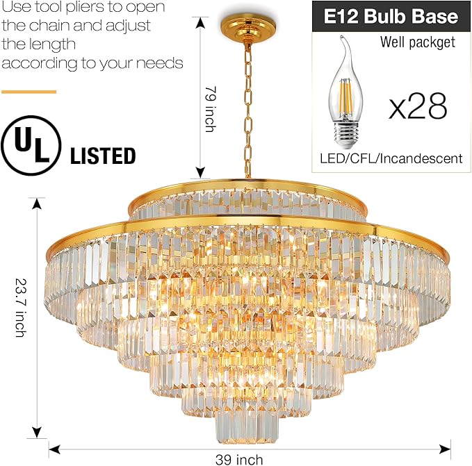 Crystal Chandeliers Modern Style Gold 39 inch & Lights Round Hanging Classic, Pendant Ceiling Chandelier Lighting Fixture 7-Tier for Dining Room Living Room