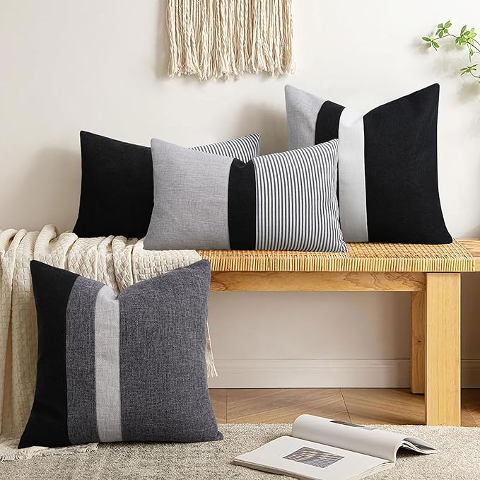 Adabana Stripe Pillow Covers 12x20 Set of 2 Square Patchwork Linen Decorative Lumbar Throw Pillow Covers Modern Farmhouse Decor Pollowcases for Couch Sofa Bedroom,Grey Stripe