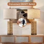 27.5'' Tall Natural Rattan Table Lamps Set of 2, Hand - Woven Wicker Lamp with Linen Shade, Rustic Coastal Boho Style Table Lamps for Bedroom, Living Room, Home Decor