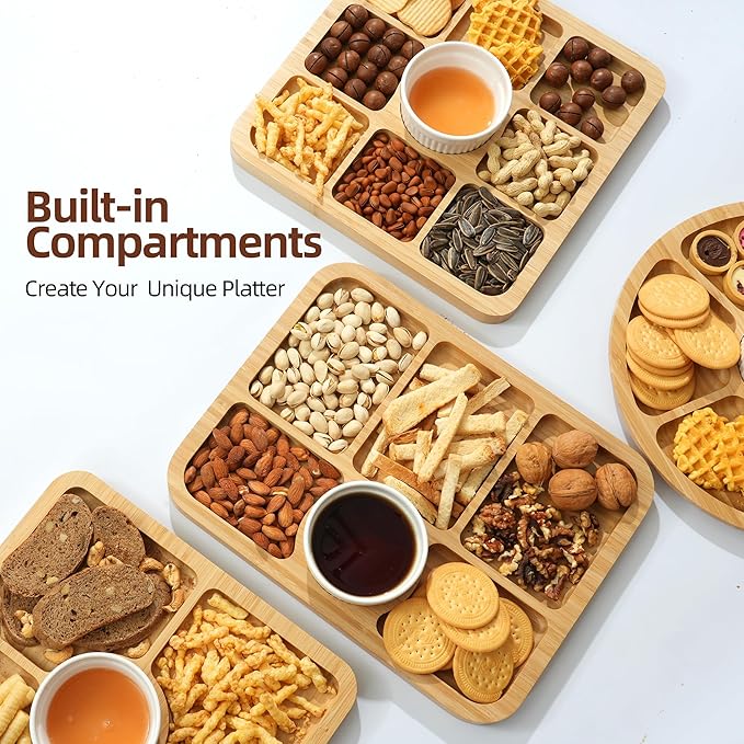 WILLKOMMEN Charcuterie Board with Lid- 5 Compartment Carbonized Bamboo Serving Tray with Locking Lid, Square Serving Platter Divided Serving Dishes for Party Cheese Snack Fruit