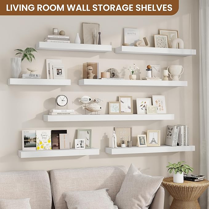fuqing Floating Shelves for Wall, Wall Mounted Wood Floating Shelf with Invisible Brackets for Living Room, Bathroom, Bedroom, Kitchen Storage and Decor, 24 Inch Set of 2, White