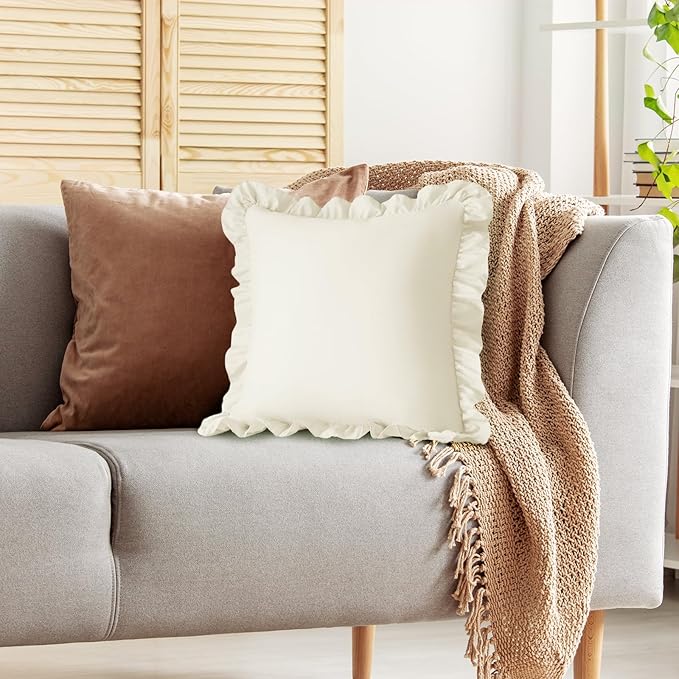 KKJIAF Ruffle Pillow Cases 26x26 Inches, Beige Square Ruffled Pillow Covers Set of 2, Microfiber Wrinkle Resistant Pillow Shams with Envelope Closure for Sofa Bed Living Room