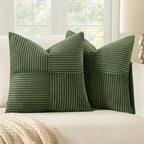 MIULEE Moss Green Corduroy Pillow Covers Pack of 2 Boho Decorative Spliced Throw Pillow Covers Soft Solid Couch Pillowcases Cross Patchwork Textured Cushion Covers for Living Room Bed Sofa 24x24 inch