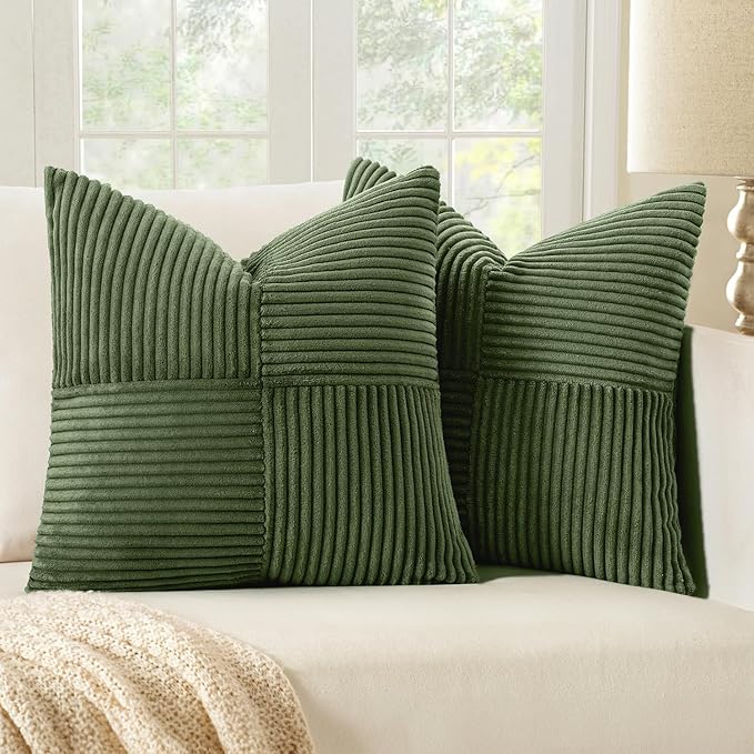 MIULEE Moss Green Corduroy Pillow Covers Pack of 2 Boho Decorative Spliced Throw Pillow Covers Soft Solid Couch Pillowcases Cross Patchwork Textured Cushion Covers for Living Room Bed Sofa 16x16 inch