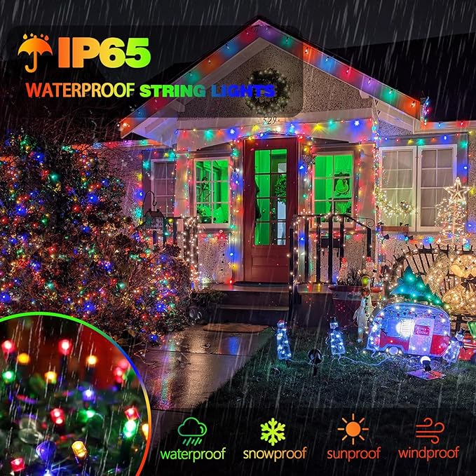 Solar Christmas Lights, Super Bright 270FT 480 LED Solar Lights String with 8 Lighting Modes, Outdoor Waterproof Green Wire Solar Mini Twinkle Light for Xmas Garden Decorations (Multi-Colored)