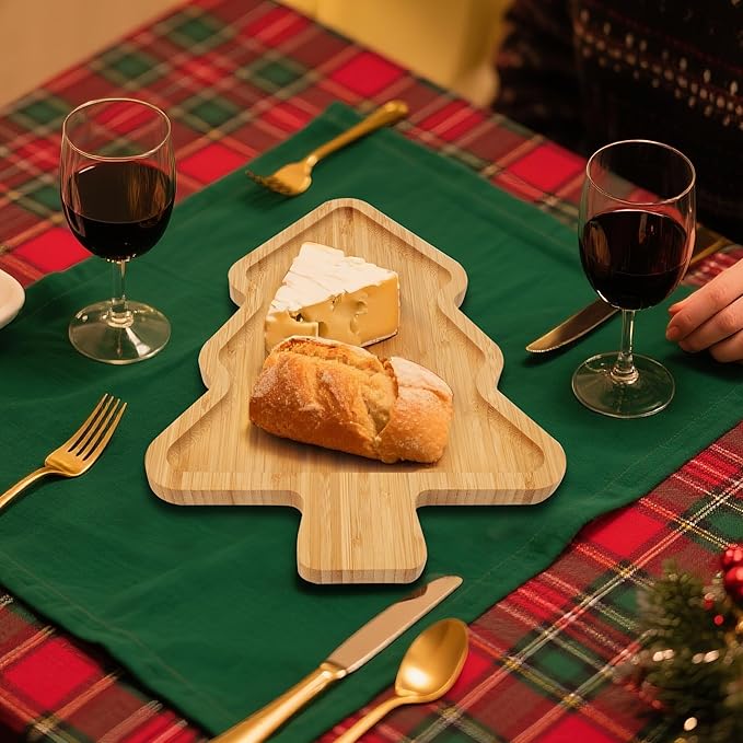 TJ POP Christmas Tree Serving Platter | Decorative Bamboo Serving Tray for Cheese, Cookies, Dessert | 12 x 9 Inches | Natural Wood Candy Snack Board Cute Charcuterie Board | Holiday Kitchen Decor