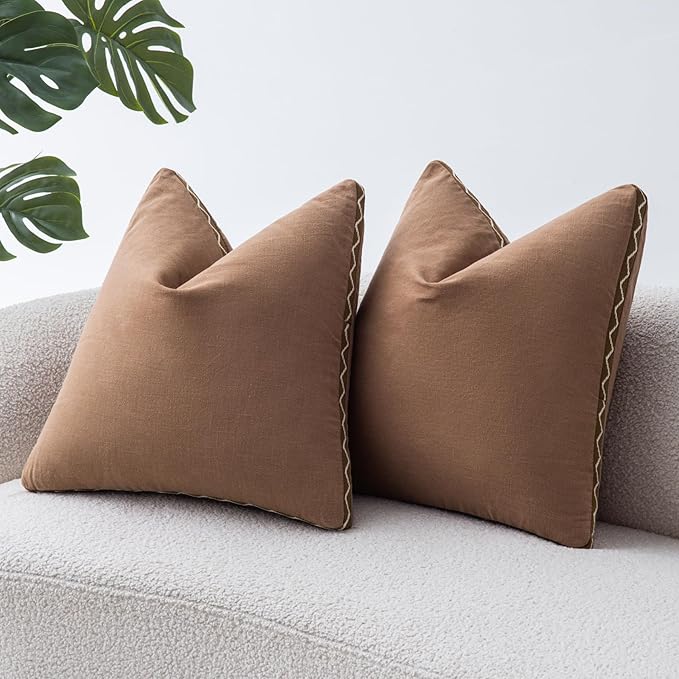 Decorative Neutral Linen Throw Pillow Covers 20x20 Inch Set of 2, Terracotta Boho Farmhouse Pillow Covers with Braid Fringe for Sofa Bed Modern Couch Pillow Cases for Organic Home Decor