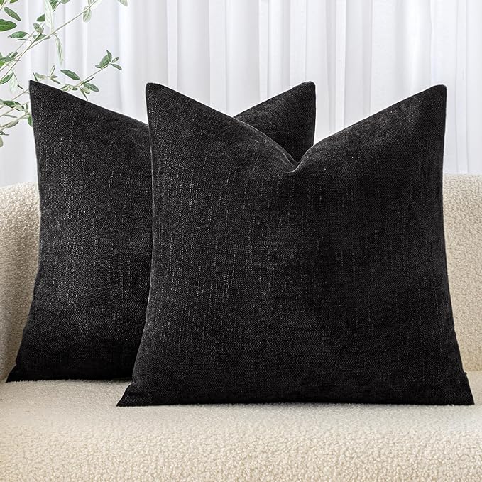 MIULEE 26x26 Inch Pack of 2 Euro Sham Decorative Throw Pillow Covers Soft Chenille Throw Pillows Textured Cushion Covers for Bed Couch Sofa Bedroom Living Room, Black