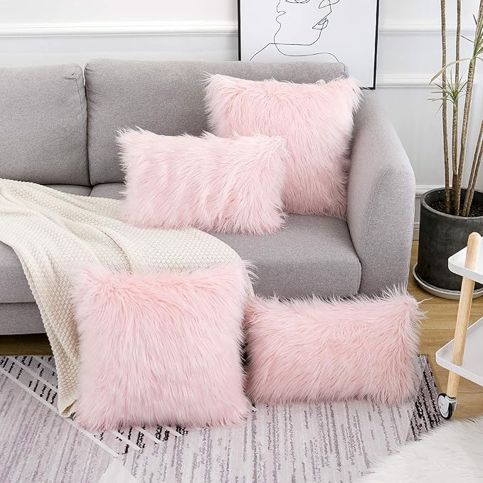 WLNUI Set of 2 Pink Christmas Decorative Lumbar Fluffy Pillow Covers New Luxury Series Merino Style Blush Faux Fur Throw Pillow Covers Fuzzy Cushion Case for Sofa Bedroom Home Decor 12x20 Inch
