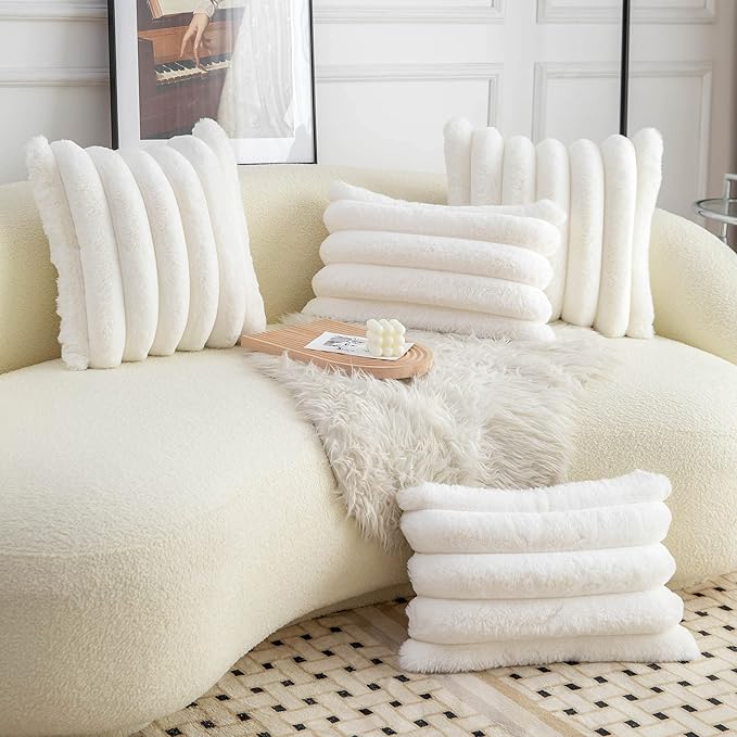 Neelvin Cream White Faux Fur Cozy Soft Striped Decorative Throw Pillow Covers 26x26 inch Set of 2,Velvet Pillowcase Cushion Case for Sofa Couch