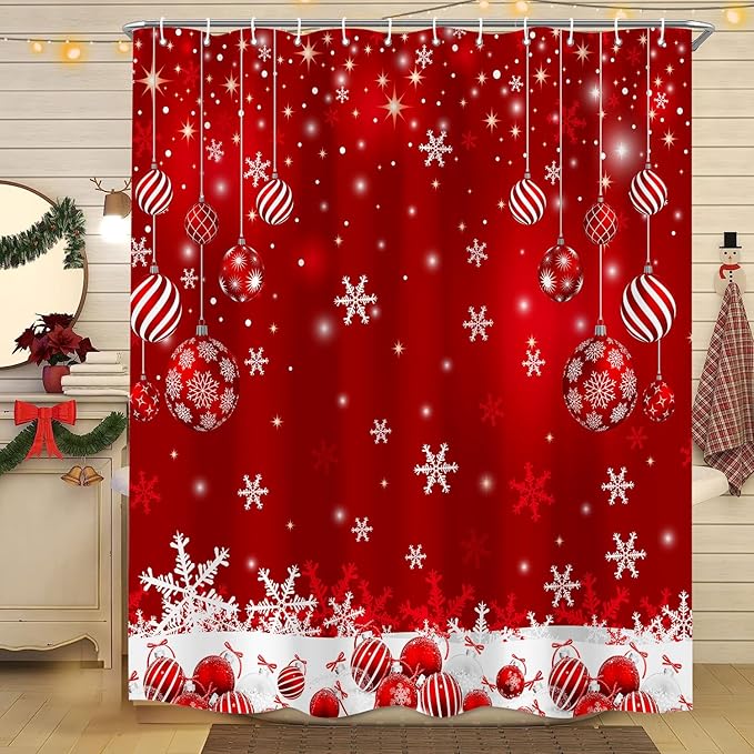 Red Christmas Shower Curtain Set, Merry Christmas Ball Winter Snowflakes Glitter Sparkle Shower Curtain for Bathroom Xmas Holiday Decor, Durable Fabric Machine Washable with Hooks, 72 x 72 Inches