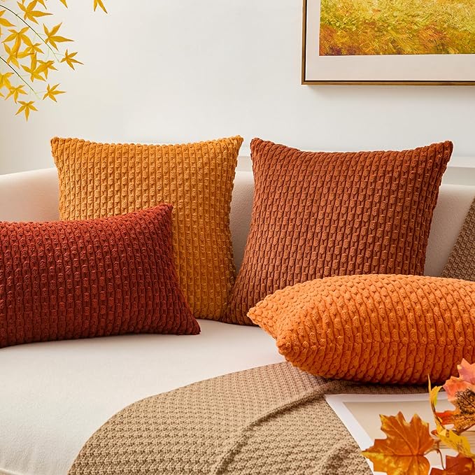Kevin Textile Fall Corduroy Striped Soft Soild Decorative Square Throw Pillow Covers Set Autumn Cushion Cases Pillowcases for Sofa Bedroom 2 Pcs 16x16 Inch Burnt Brick