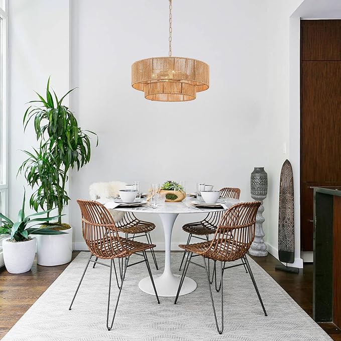 Boho Rattan Chandelier, 17.71” Rattan Pendant Light 4-Light with 2-Tier Hand-Woven Shade, Farmhouse Ceiling Light Fixture Chandeliers for Dining Living Room Bedroom Kitchen Island, UL-Listed