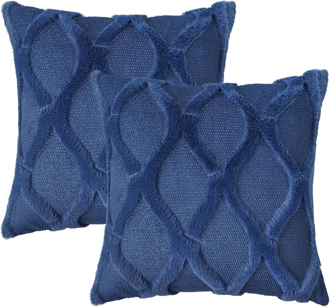 decorUhome Throw Pillow Covers 16x16 Inch Set of 2, Soft Plush Faux Fur Wool Dark Blue Couch Pillow Covers, Decorative Neutral Pillow Cases for Bed Sofa Living Room Home Decor