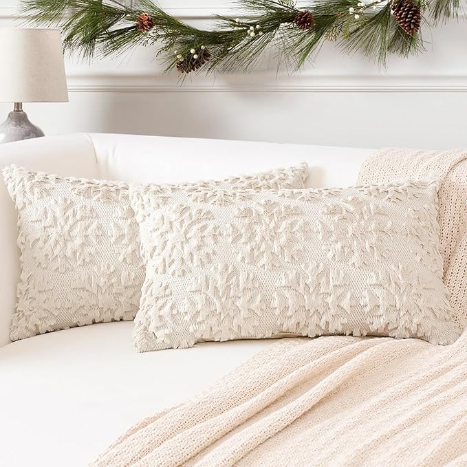 OTOSTAR Set of 2 Xmas Soft Plush Short Wool Velvet Decorative Throw Pillow Covers Rectangular Luxury Style Cushion Case Pillow Shell for Sofa Bedroom Snowflake Cream Beige, 12x20 Inch