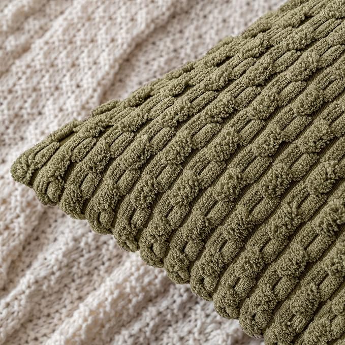 MIULEE Pack of 2 Decorative Throw Pillow Covers 16x16 Inch Soft Boho Striped Textured Corduroy Pillow Covers Modern Farmhouse Home Decor for Couch Bed Sofa Living Room Olive Green