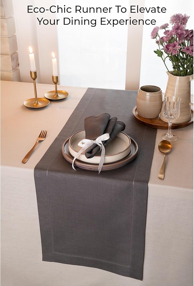 D'Moksha Homes Linen Charcoal Grey Table Runner 36 Inches - 100% Pure Linen Small Table Runner 14 x 36 Inch Ideal for Dresser, Coffee Tables, Fall and Halloween - Classic Hemstitch - Classic Hemstitch
