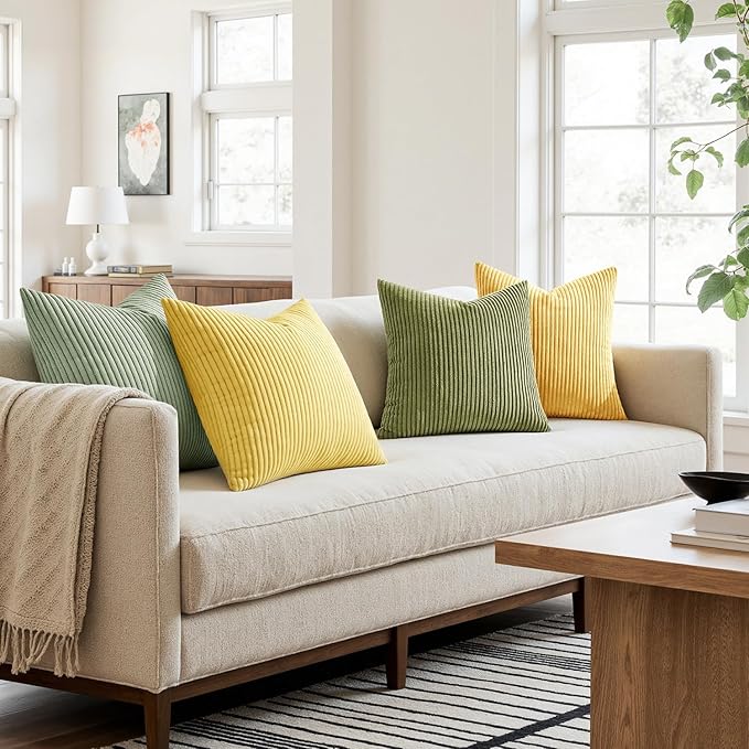 MIULEE Boho Farmhouse Yellow Green Throw Pillow Covers 18x18 Inch Set of 4 Mordern Nordic Cushion Covers Soft Corduroy Home Decor for Couch Bed Sofa Living Room